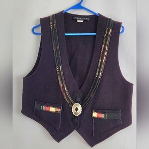 Coloratura Vintage 100% Wool Purple Vest with Embellished Trim Size L